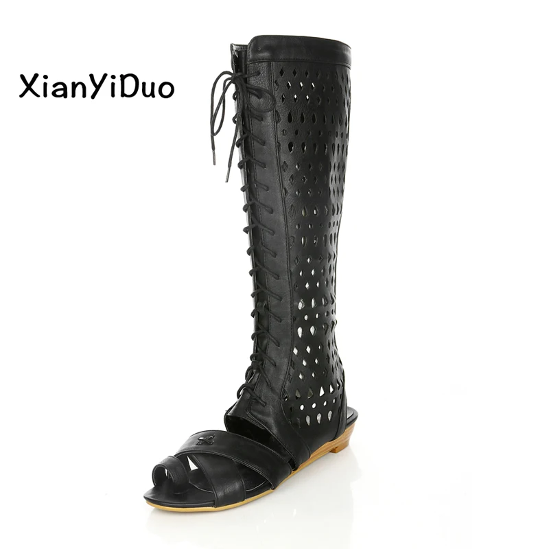 

XianYiDuo Summer low Height Knee High boots Cross-tied Openwork Women's Shoes Big plus size 40-43 /562