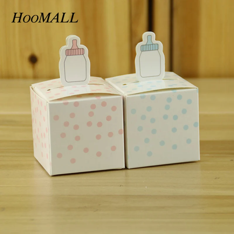 

Hoomall 50Pcs/lot Baby Feedding Bottle Baby Candy Box Blue Pink Dot Birthday Baby Shower Wedding Decoration Kids Favor Gift Box