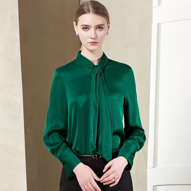 

2019 New European High End Real Silk 100% Shirts Tops with Tie Women Green White Office Lady Long-sleeved Silk Shirt