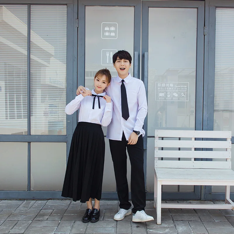 

Japanese School Uniform for Men Women Students Class Sweet Clothes Plus size Black Long Skirt +White Shirt + Tie 3 Pcs / Set