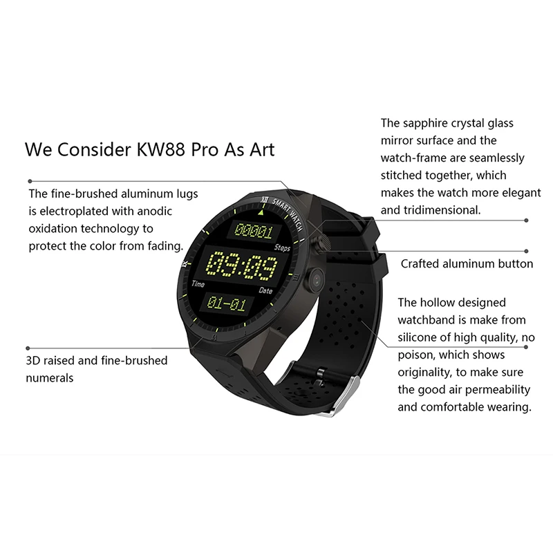 KW88 Pro 3G Smartwatch Phone Android 7.0 Quad Core 1.3GHz 1GB 16GB Bluetooth 4.0 Smart Watch Phone GPS Wearable Devices
