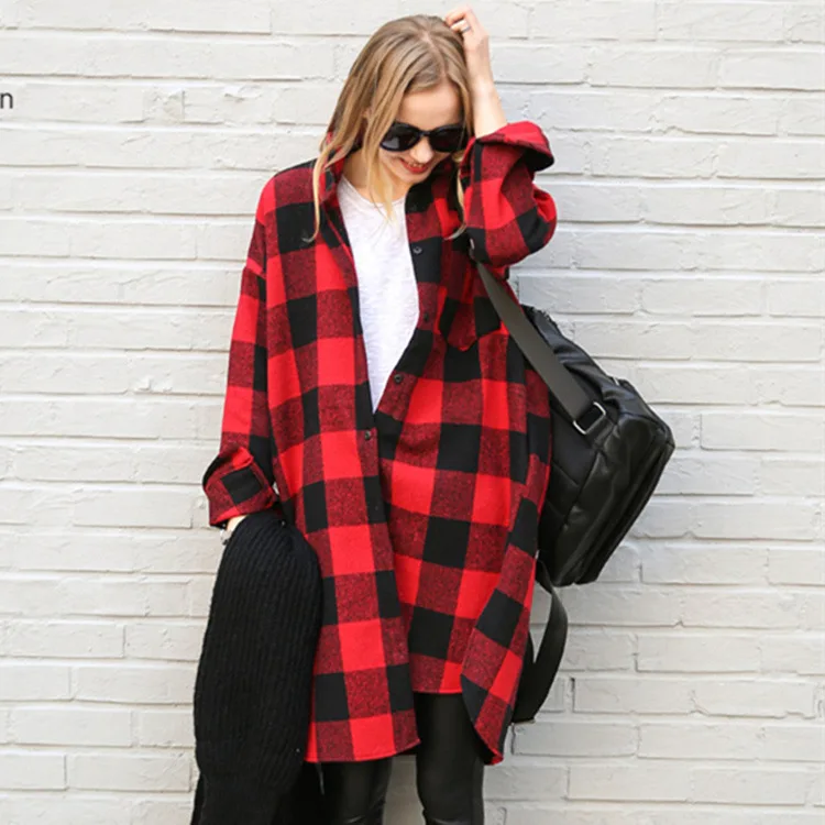 Autumn New Arrival Long Tops Flannel Plaid Shirt Women Plus Size Button Up Shirts Long Sleeve Casual Loose Cotton Blouse - Цвет: Красный