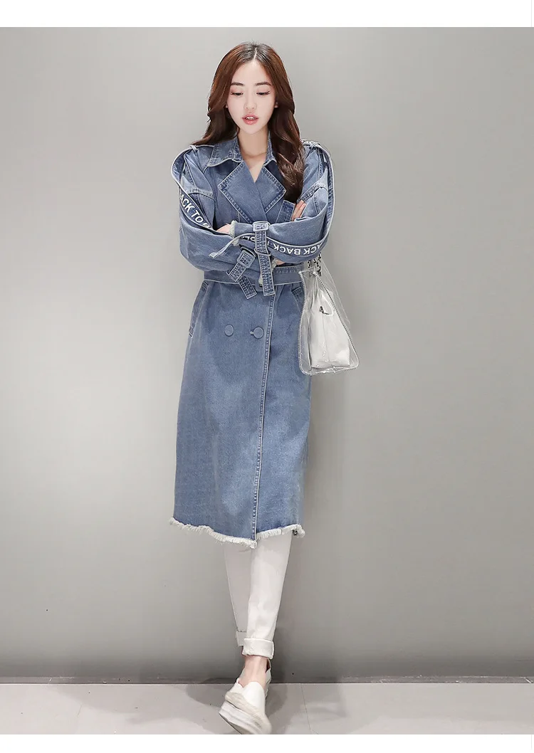 Осень-зима, верхняя одежда и пальто, джинсовый Женский Тренч с поясом, винтажная двубортная джинсовая ветровка OKD122
