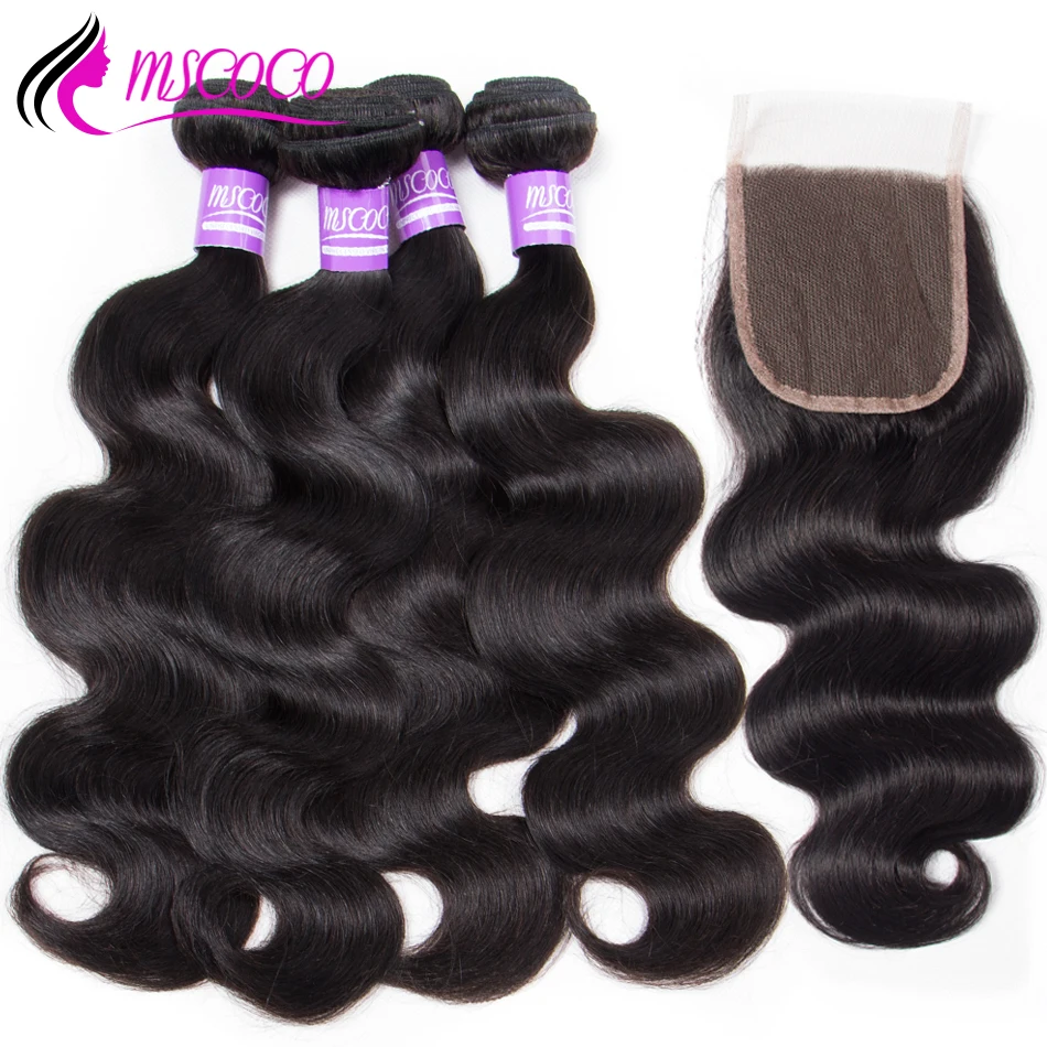 

Mscoco Peruvian Hair Bundle With Closure Remy Human Hair Body Wave Bundles with Lace Closure Natural Color 10-26 Inch