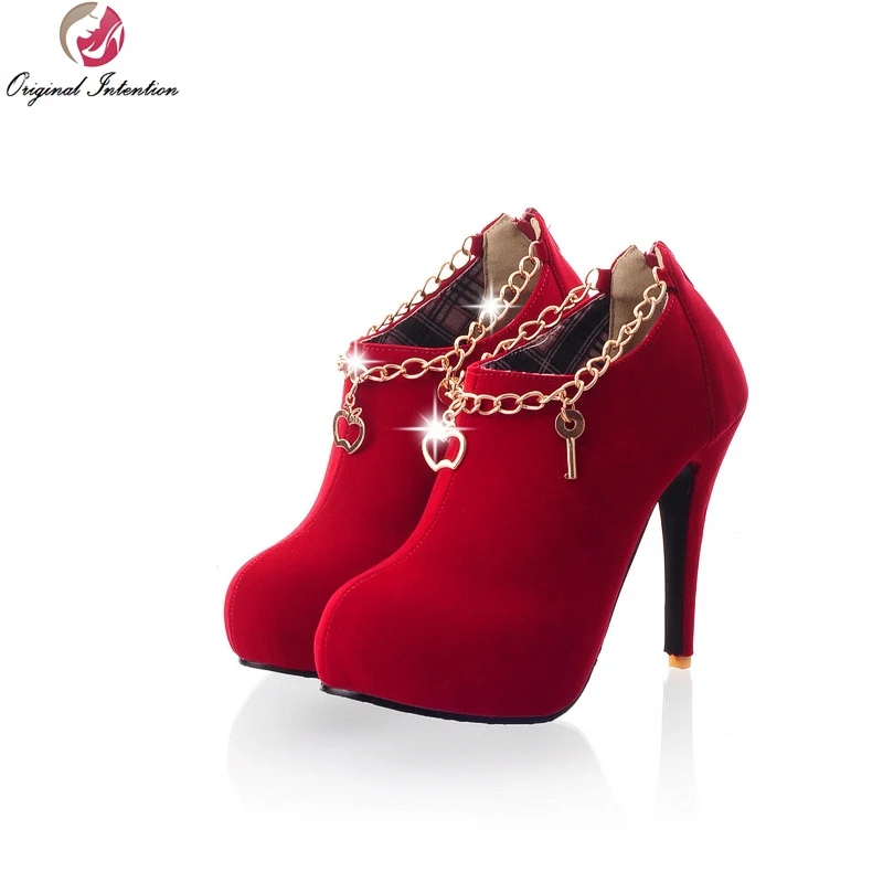 Original Intention New Fashion Women Pumps Sexy Round Toe Thin High Heels Shoes Woman Autumn Winter Zipper Flock Pumps Plus Size