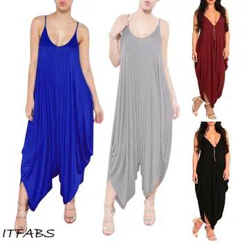 

Womens Sleeveless Summer Baggy Loose Jumpsuit Harem Pants Beach Solid Casual Long Wide Leg Romper Strappy Playsuit