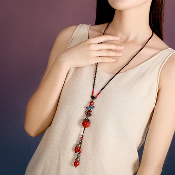 

Necklaces in Jiangnan ethnic style vintage pendant ceramic hanging red autumn decoration long sweater chain female