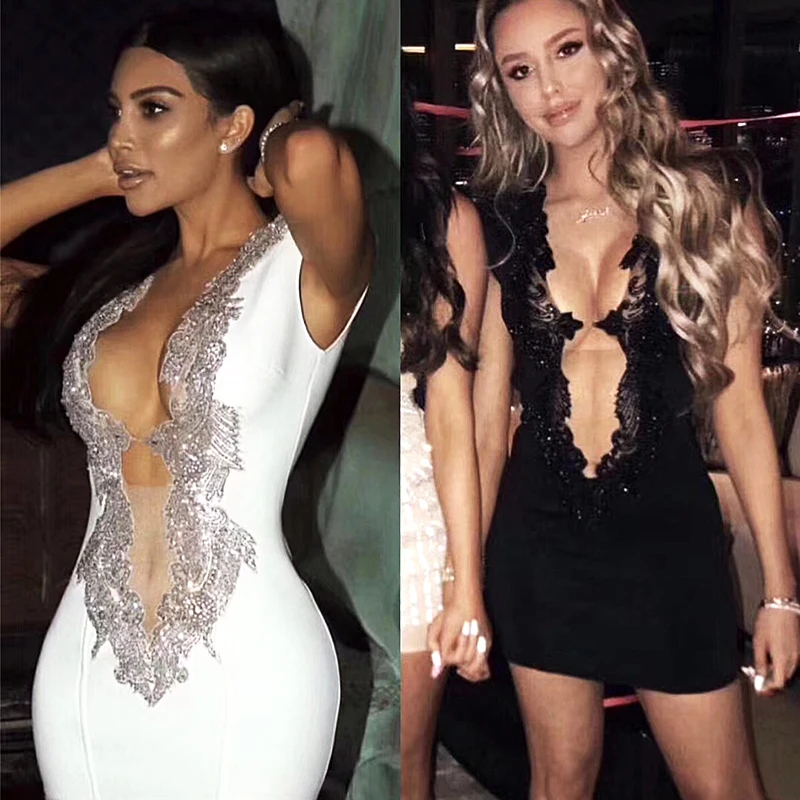 

2019 Summer New Luxury Women deep V neck beading Sexy Evening Party Bodycon bandage Dress Ladies Modish Clothing