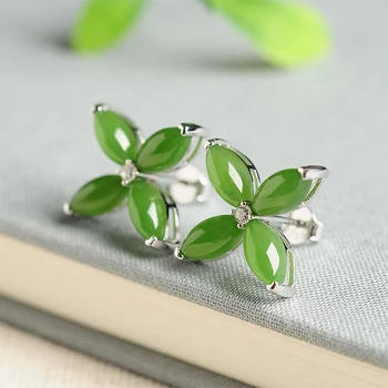 

Natural Green Jadeite Silver Flower Stud Earrings Women Earrings