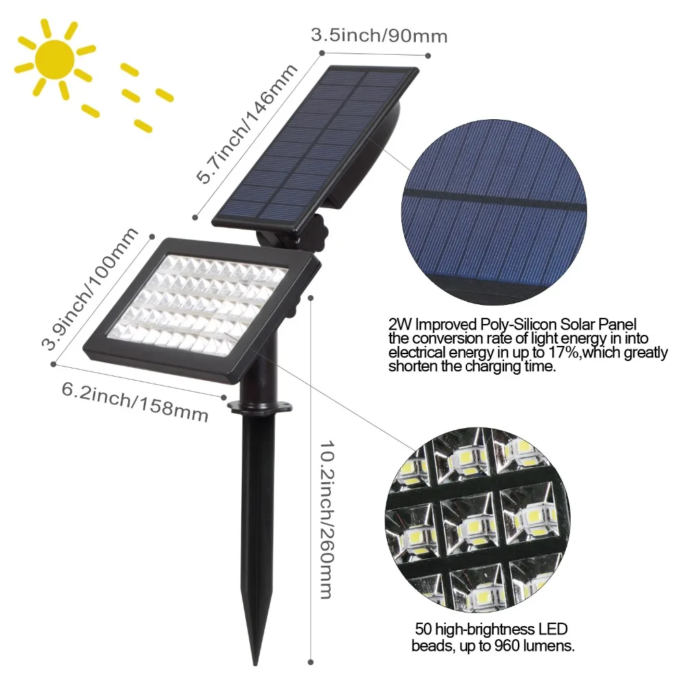 T-SUN 2 шт 50 светодиодов Солнечный садовый светильник s регулируемый светодиодный наружный солнечный светильник IP44 водонепроницаемое Освещение стен для сада/лужайки светильник