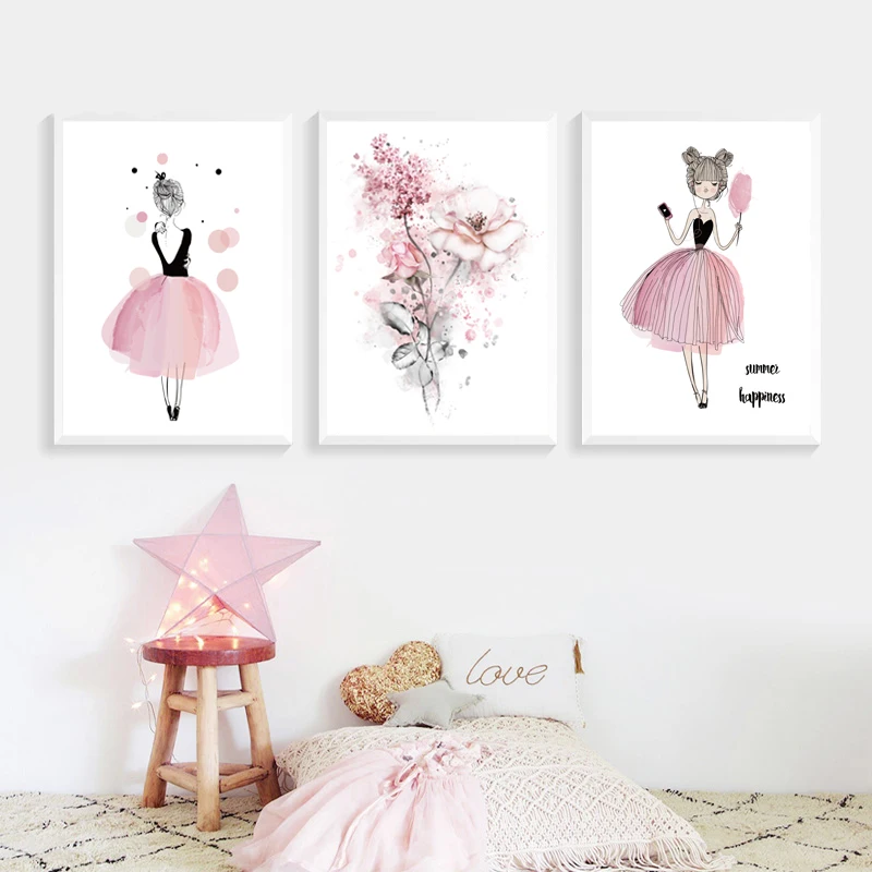 Kawaii-Rose-Pink-Girl-Style-Flowers-Nursery-Canvas-Paintings-Mural-Wall-Art-Poster-Print-Picture-for