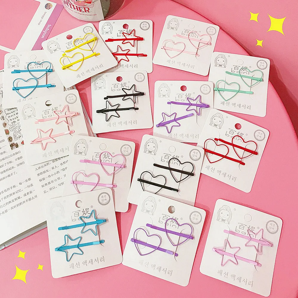 

2pcs Korean New Fashion Women Girls Metal Star Heart Hair Clips Cute Alloy Hollow Star Hairpins Hair Accessories Barrette