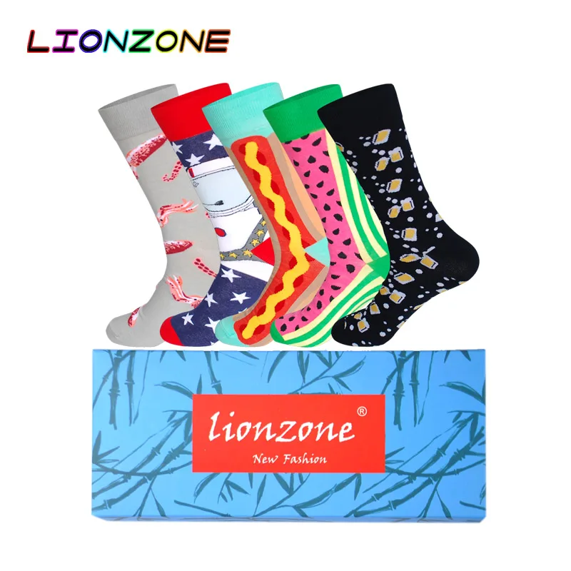 LIONZONE 5 пар/лот мужские носки из чесаного хлопка размера плюс Coolmax с разноцветным рисунком бизнес забавные Счастливое Платье Свадебные Мужские носки - Цвет: Mix3-Gift box