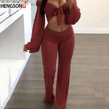 

2018 Hot Women Sexy Set Short Bow Solid Tops + Long Pants 2 Pieces Sets Clothing Casual Loose Flare Sleeve Fashion Female Sets