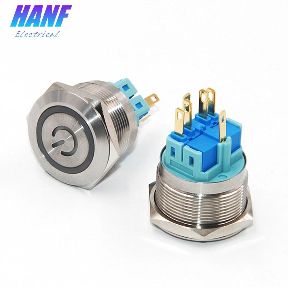 

1pcs 25mm 1NONC LED Angel Eye Flat Head Self-latching Metal Push Button Switch With 6 legs Power Symbol Pin Terminal
