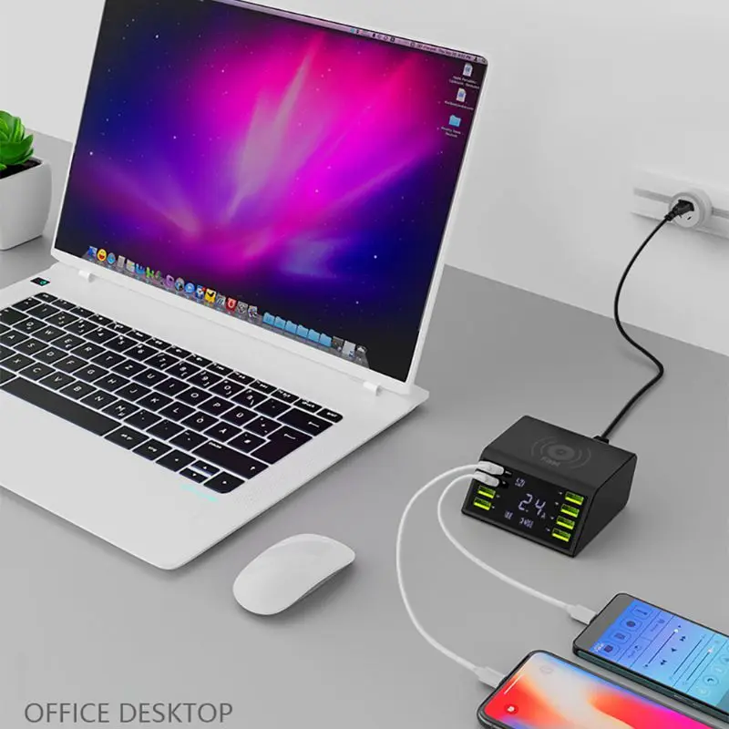 Baratos 60W QC 3,0 carga rápida 8 puertos USB estación de carga Qi cargador rápido inalámbrico con pantalla de corriente de voltaje para iphone sams