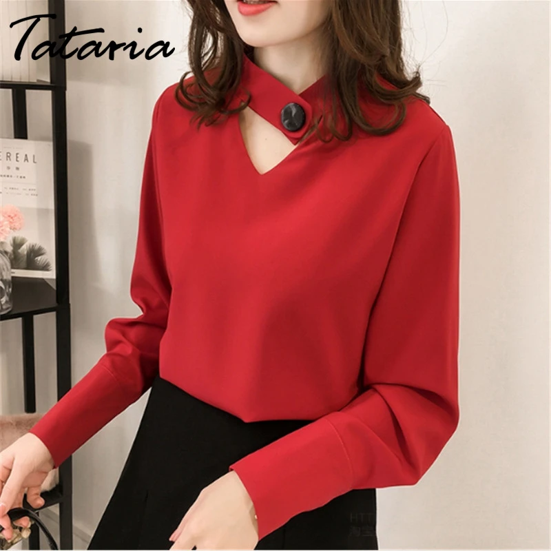 Blusa roja de chifón, camisa de manga larga con cuello Halter en V, Tops y blusas para mujer, camisa de chifón para mujer, blusas elegantes mujer, 4XL|Blusas y camisas| - AliExpress