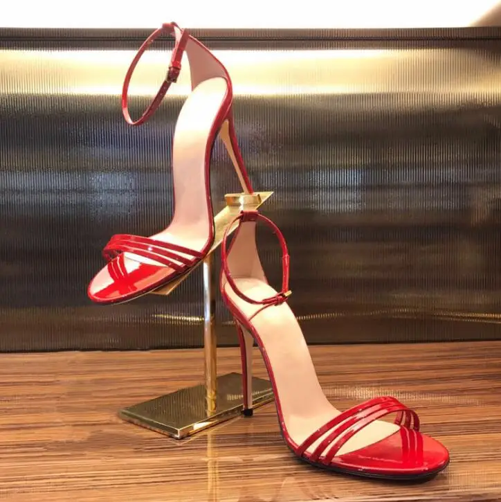 

Summer Concise Style Ankle Buckle Ladies Sexy High Heels Hot Patent Leater Straps Women Open Toe Sandals Elegant Dress Shoes