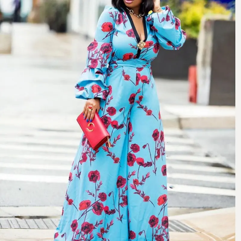 

Summer Beach Boho Elegant Sexy Party African Black Girls Jumpsuit Women Slim Wide Legs Thin High Waist Floral Fall Female Romper