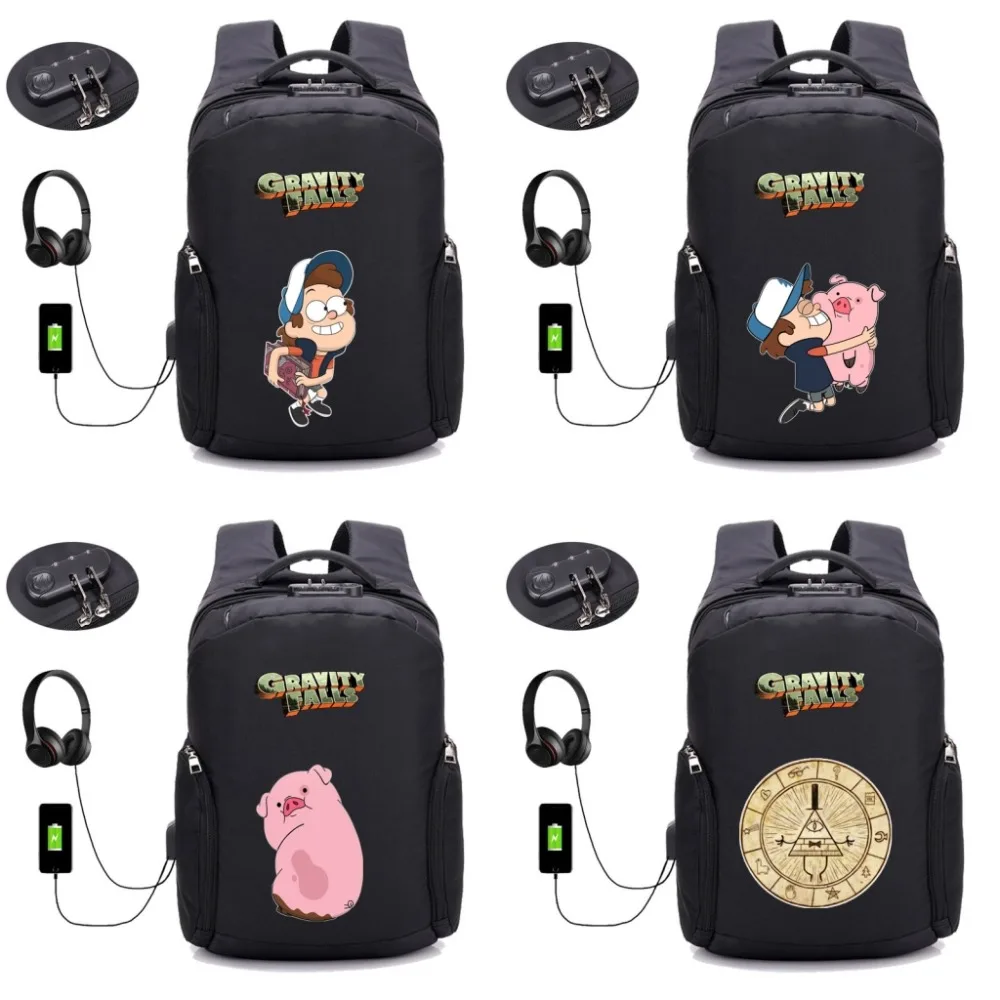 

anime Gravity Falls backpack USB Charging Anti Theft Backpacks Travel Bags student book bag Men women Laptop Backpack 16 style