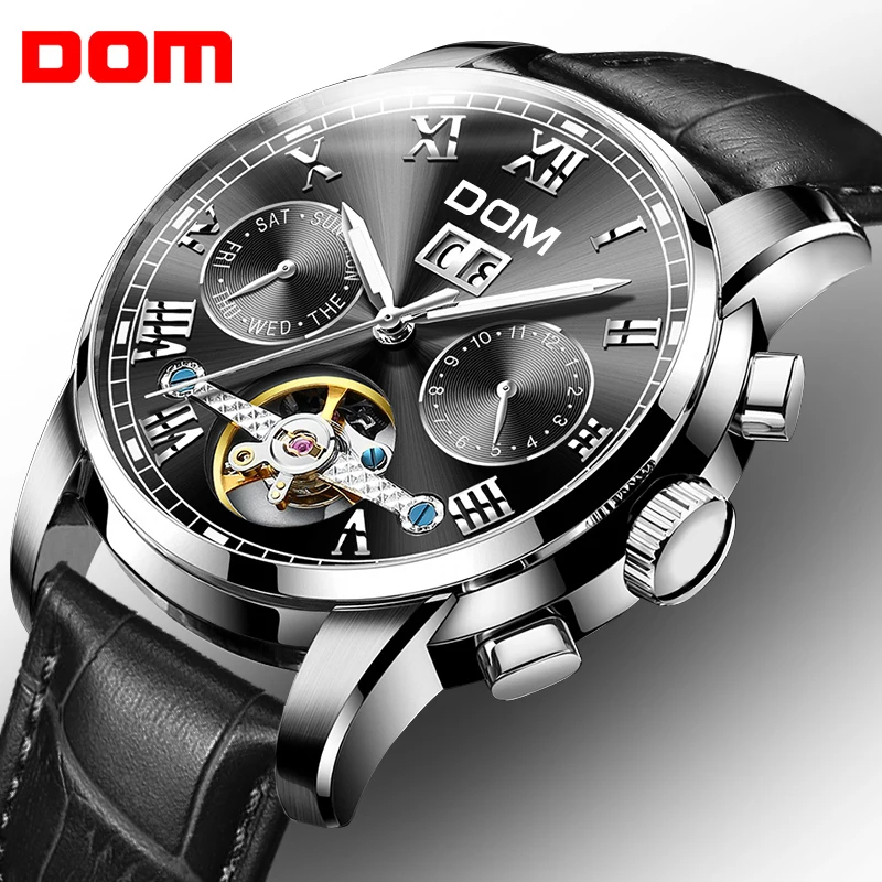 Часы DOM Skeleton Tourbillon Мужские Автоматические классические черные кожаные