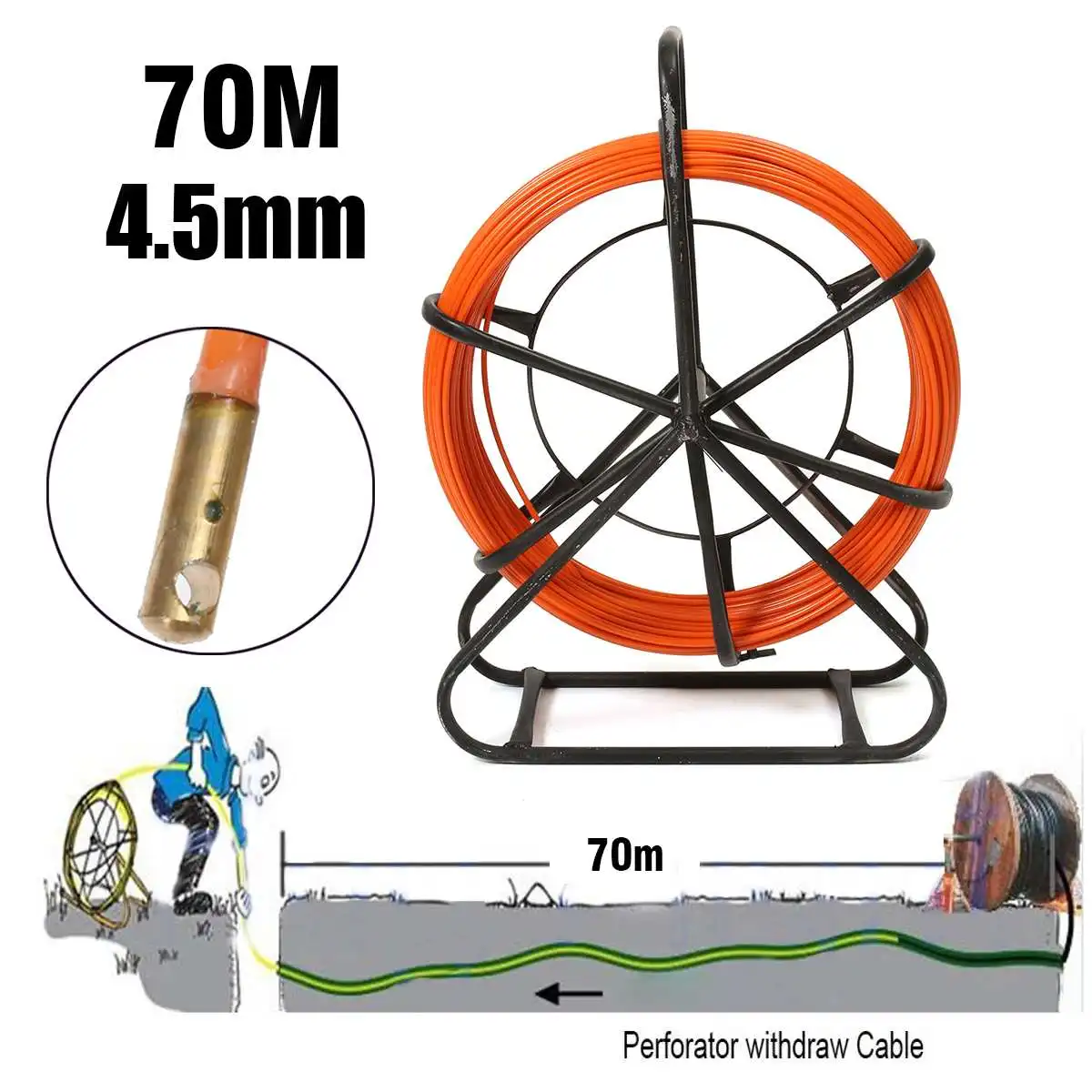 4.5mm 70M Fiberglass Wire Cable Running Rod Snakes Fish Rodder Puller Flexi Lead Electric Fiberglass Wire Cable Running Rod New