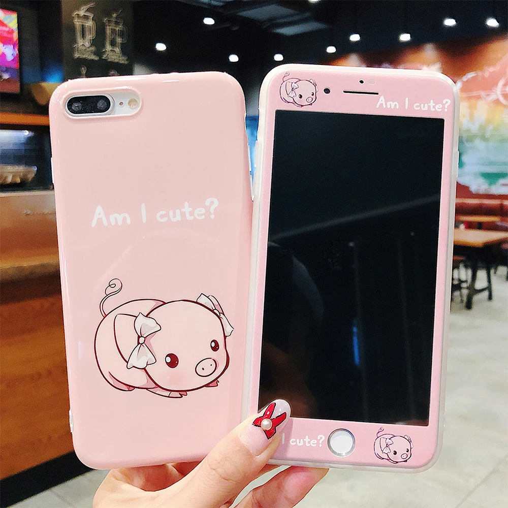 Ascromy For iPhone XS Max Case Pink Cartoon Pig Tempered Glass Silicone TPU Back Cover For iPhone XR X 7 8 Plus 6 6S Accessories (6)