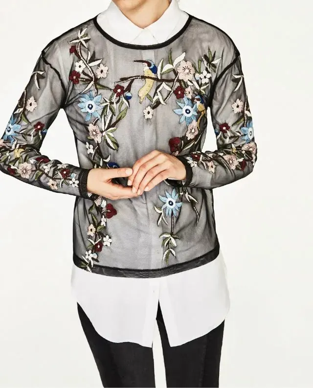 

2017 New Spring Autumn Women Vestidos Birds and Flower Embroidery Blouse Sexy Transparent Mesh Work Shirts Blusa Feminina LS1015