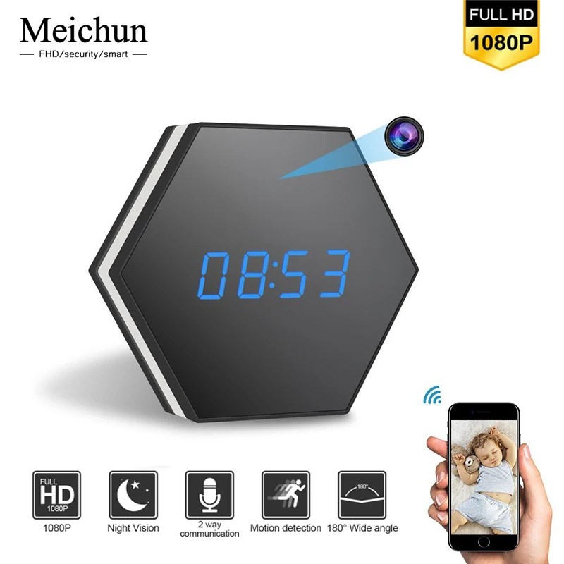 

Meichun Wifi Wireless Mini Camera Clock 1080P Night Vision Alarm Clock Camera Two-Way Audio Motion Detection Colorful LED Light