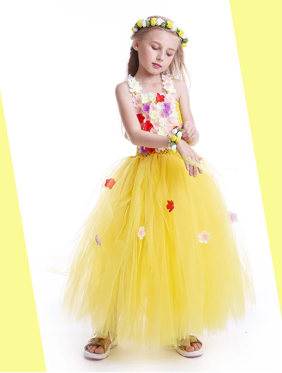 Yellow Flower Girls Belle Tutu Dress Princess Kids Wedding Birthday Party Tulle Dress Children Beauty Beast Cosplay Clothing (2)