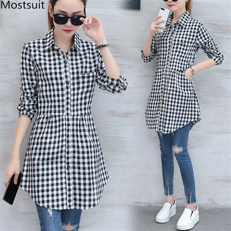 

Women Long Tops Autumn Blouse Shirt With Collars 2019 Plus Size Full Sleeve Plaid Button Up Spring Fashion Tunic Blusas Clothes