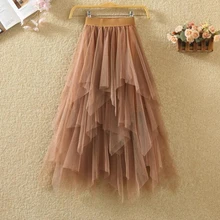 Тюлевые женские юбки Высокая Талия Юбка из сетчатой ткани шов Асимметричный плиссированная женская Юбка-миди тонкий черный Повседневное новые летние юбки