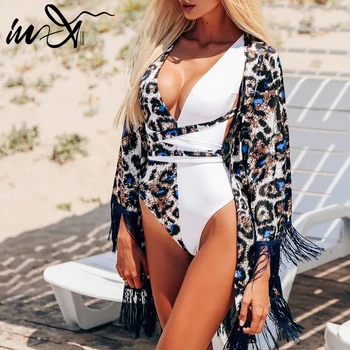 

In-X Leopard beach dress Tassel cover-ups for women swimsuit female cover up Sexy tunic Sarong kaftan saida de beach wear 2019