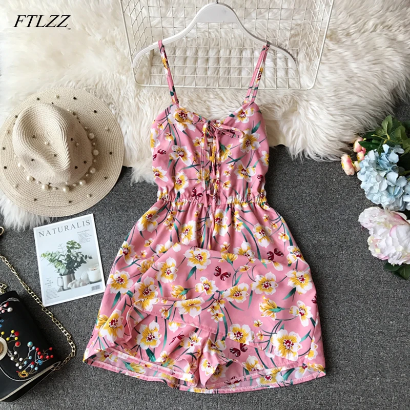 

FTLZZ Women Rompers Floral Print Jumpsuit Summer Short Pleated Overalls Jumpsuit Female Chest Wrapped Strapless Playsuit