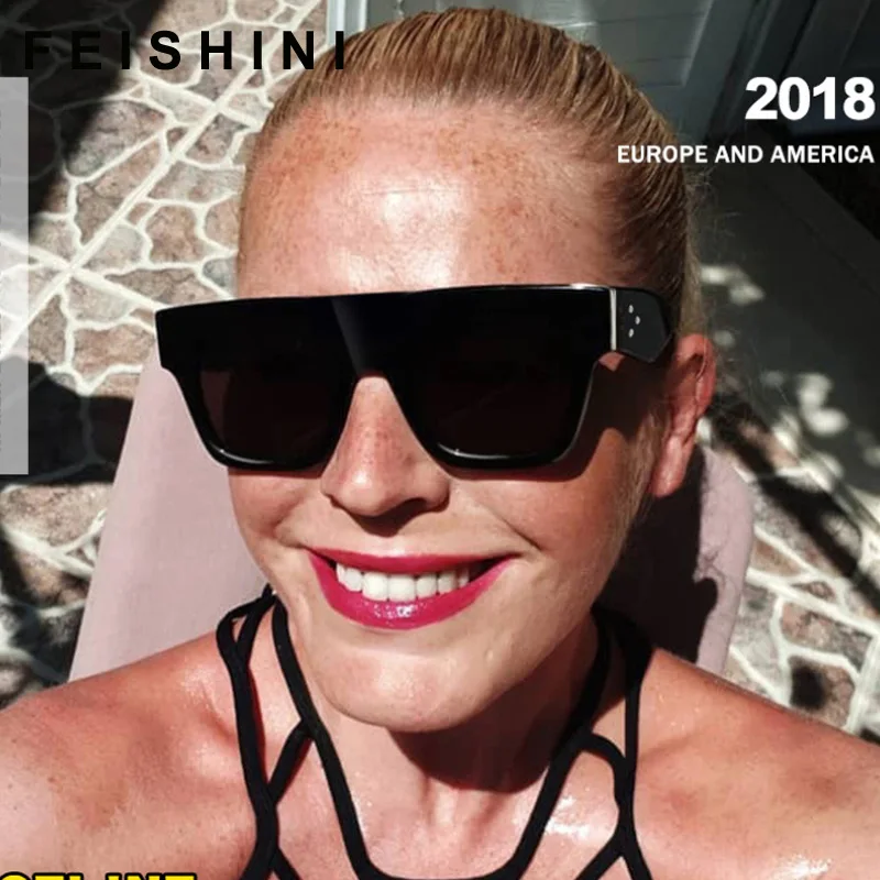 

FEISHINI Flat Top Sun glasses Oversize Goggles Mens Square Sunglasses Women Fashion Famous Brand Rivet Black Vintage Shades