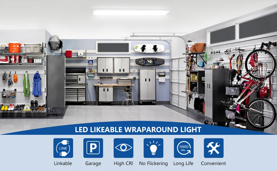 AntLux Linkable 4 Foot LED Wraparound Shop Light 40W Flush Mount Garage Lights, 4400 Lumens, 4000K, 4’ LED Wrap Around Light, 4ft Linear Puff Ceiling Lighting Fixture, Fluorescent Tube Replacement (2)