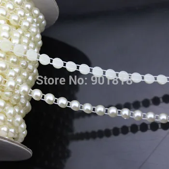 

5 yards/lot Dia 6mm Round Wedding Decoration ABS Flat Back White String Pearl Rolls Chain DIY Jewelry Clothes Material F1579