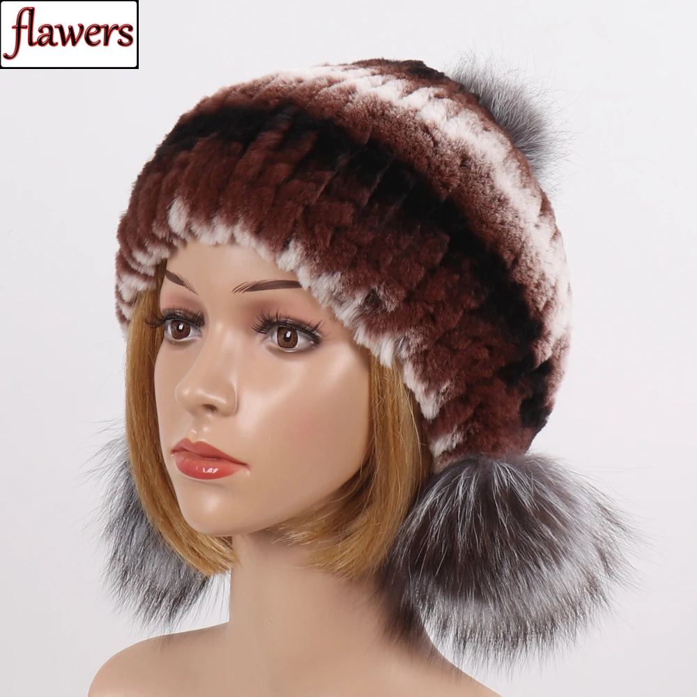 

2019 Women's Genuine Rex Rabbit Fur Hats Winter Rex Rabbit Fur Beanies Cap Striped Silver Fox Fur Hat Warm Real Fur Knit Caps