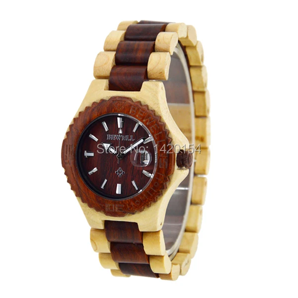 

Eco-friendly Maple&Red BEWELL Bamboo Wooden Quartz Watch with Full Wooden Clasp
