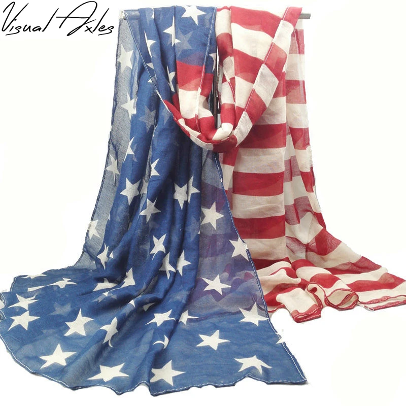 

[Visual Axles] Oversized Oblong Style Vintage 100% Viscose American Flag Scarf Women USA Flag Shawls and Scarves SFJ001