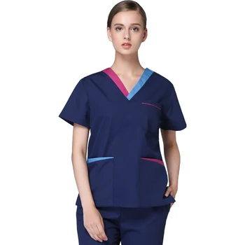

2018 New Arrivals Personality Work Uniforms Women Contrast Color V Neck Scrub Sets Pet Hospital Doctor Scrubs Beauty Salon Cloth