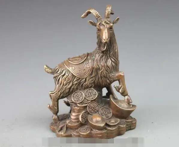 

S7181 China Folk Bronze Copper Home Fengshui Attract wealth Zodiac Sheep Statue D0317