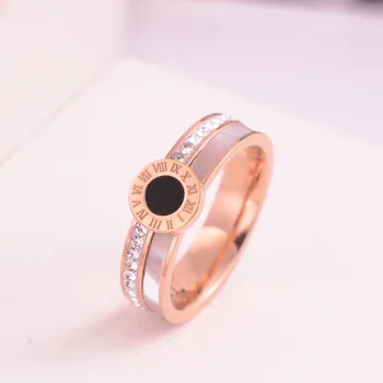 

Fashion pop jewelry Roman numerals stone shell titanium steel plated ring Couples love rings for women and men gift
