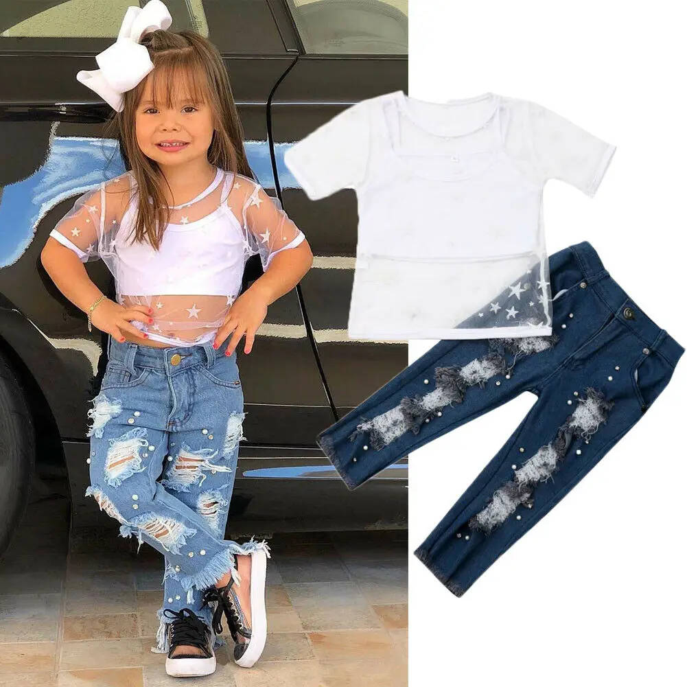 

2019 Newest Hot 3pcs Newborn Infant Baby Girls Clothes Mesh Star T-shirt+Vest Tops+Long Pearl Pants 3pcs Outfit Set