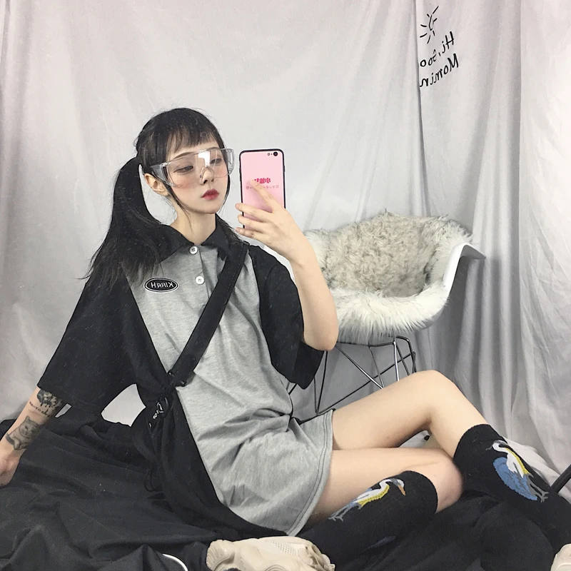 Новая летняя женская одежда ulzzang корейский отложной воротник harajuku свободные буквы вышивка Модные Цветные Короткие платья