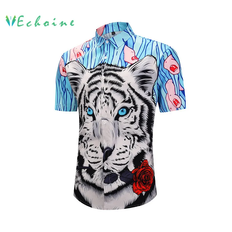 

Echoine mans tiger pattern shirts single breast short sleeve men shirt casual digital printing blouse high quality male outfits