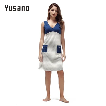 

Women Pajama Home Clothing Sleepwear Dress Sexy Nightgown V-Neck Sleeveless Nightdress Striped Nightshirt Pockets Female Nightie