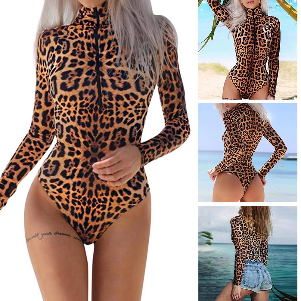 

2019 Leopard Bodysuit for Women Sexy Bodycon Skinny Body Suit Turtleneck Long Sleeve Playsuit Printed Romper Jumpsuits