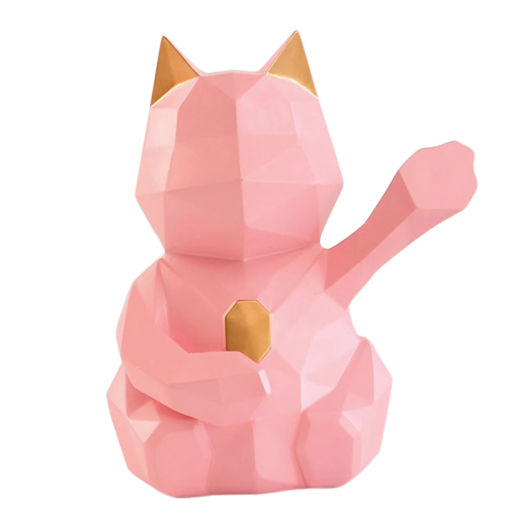 3D Abstract Art Geometric Fortune Lucky Cat Sculpture Resin Animal Statue Figurines Feng Shui Decor