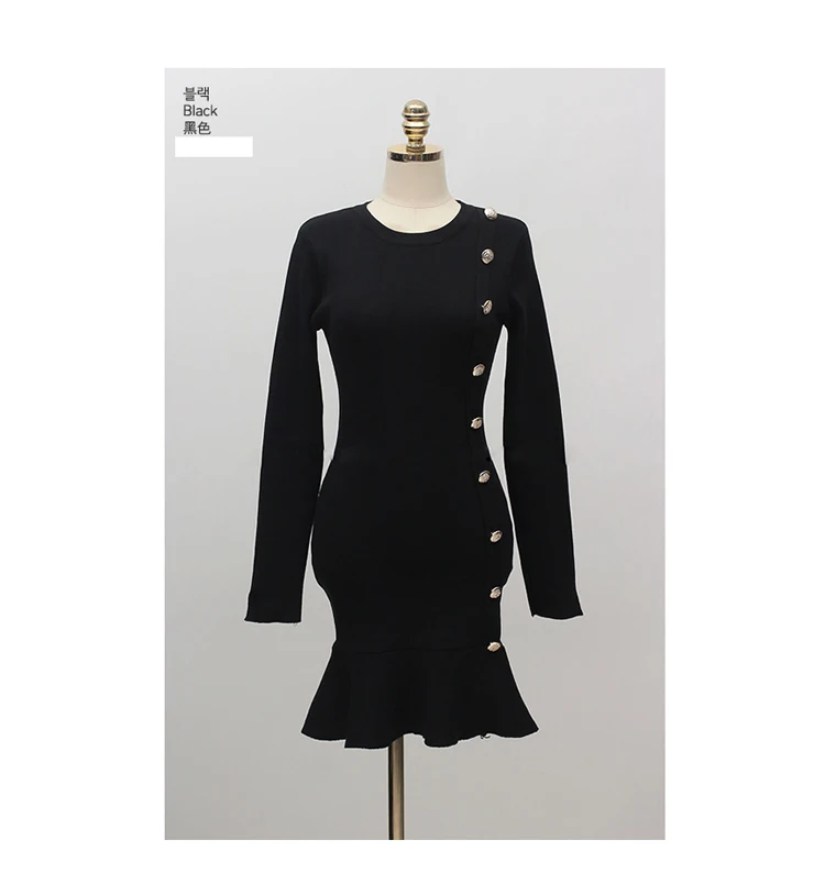 Осенне-зимнее вязаное платье-свитер, женское черное однобортное облегающее мини-платье с длинным рукавом и эластичным шлейфом DV57